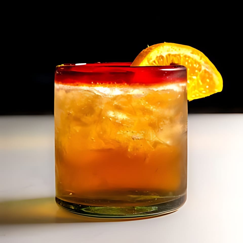 A vibrant orange cocktail with ice and an orange slice, served in a glass with a red rim.