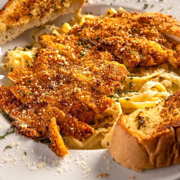 Crispy breaded chicken cutlets over creamy pasta with garlic bread, garnished with herbs and cheese.