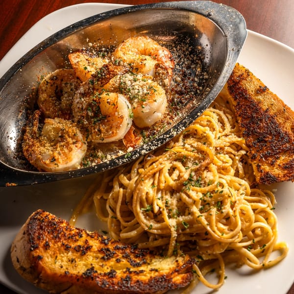 Gusto Dolce Italian Bistro's shrimp scampi with linguine pasta and two slices of garlic bread.