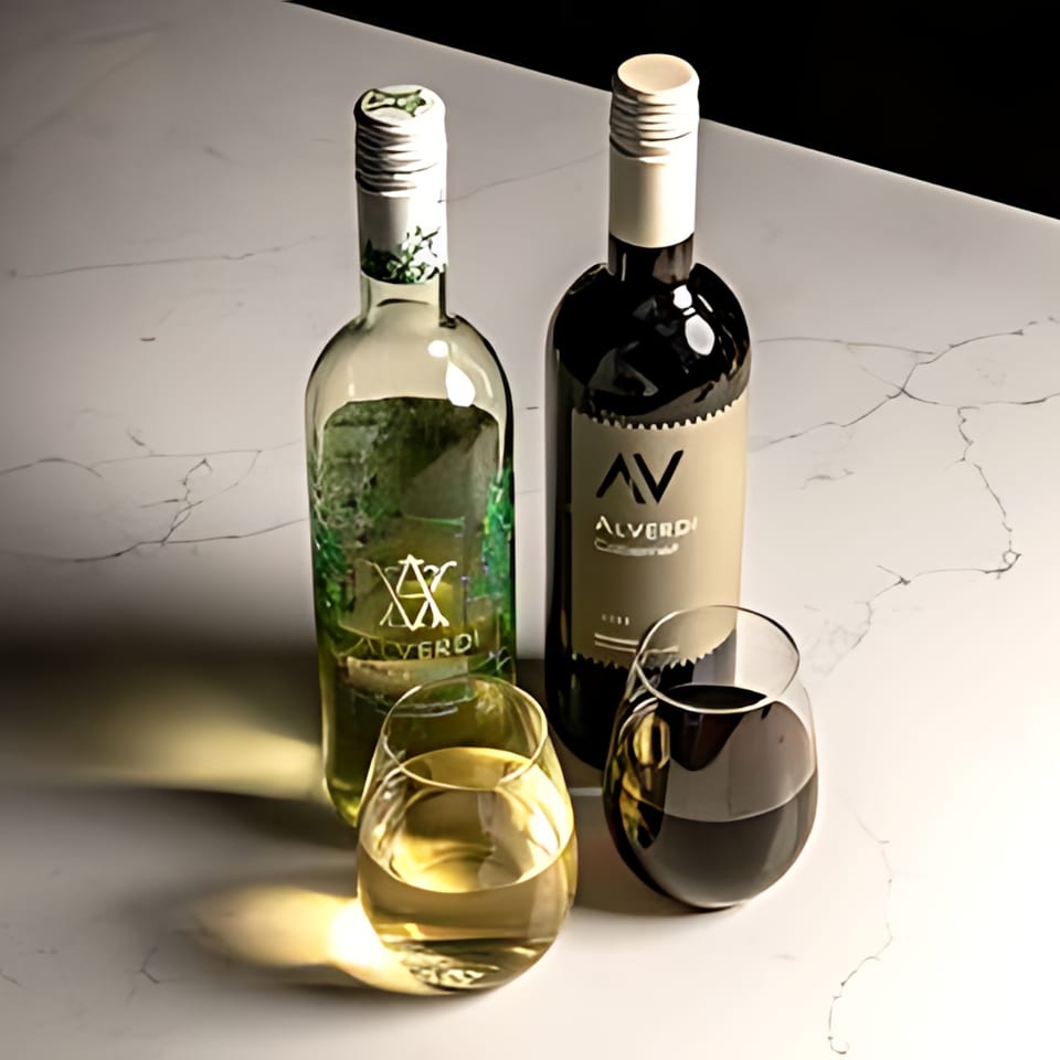 Two bottles of Alverdi wine, one white and one red, with two stemless glasses of wine.