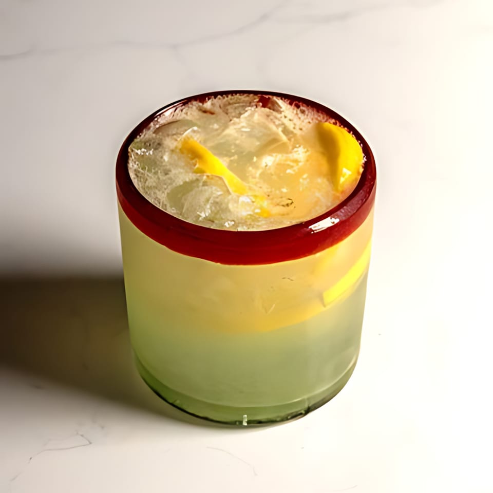 A vibrant green and yellow cocktail with ice and lemon slices in a glass with a red rim.