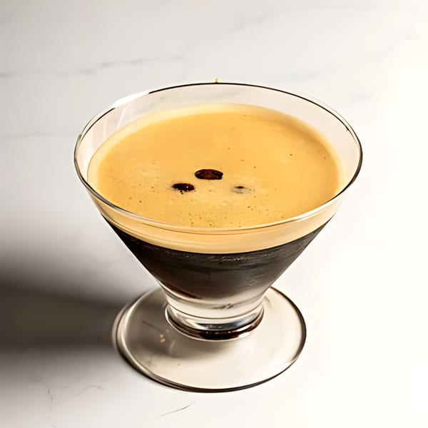 Espresso martini in a stemmed glass with coffee beans on top, on a white marble surface.