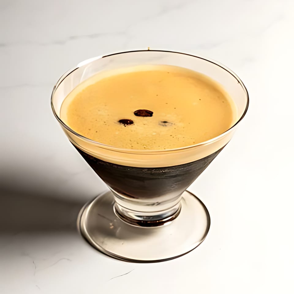 Espresso martini in a stemmed glass with coffee beans on top, on a white marble surface.