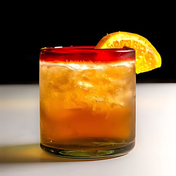 A vibrant orange cocktail with ice and an orange slice garnish, against a dark background.