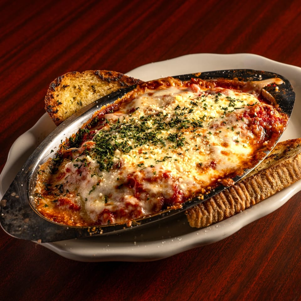 Baked Italian pasta dish with melted cheese and red sauce, garnished with parsley and garlic bread.